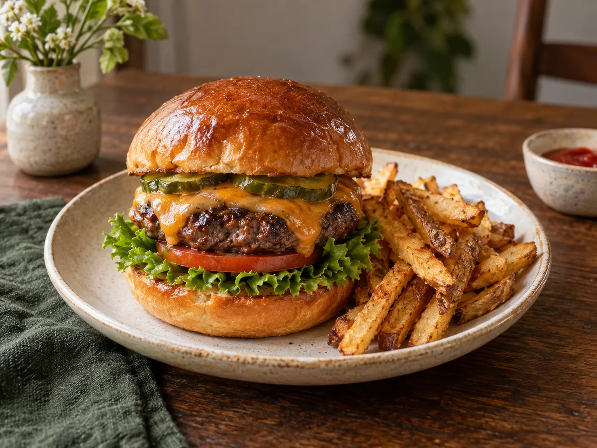 A freshly prepared burger with golden fries